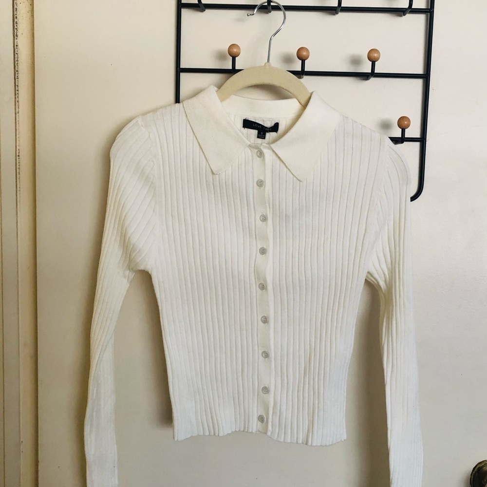 Ribbed cropped polo collar cardigan white
